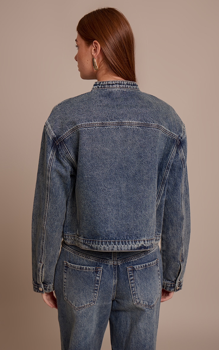 Vintage Blue Boxy Denim Racer Jacket image 2