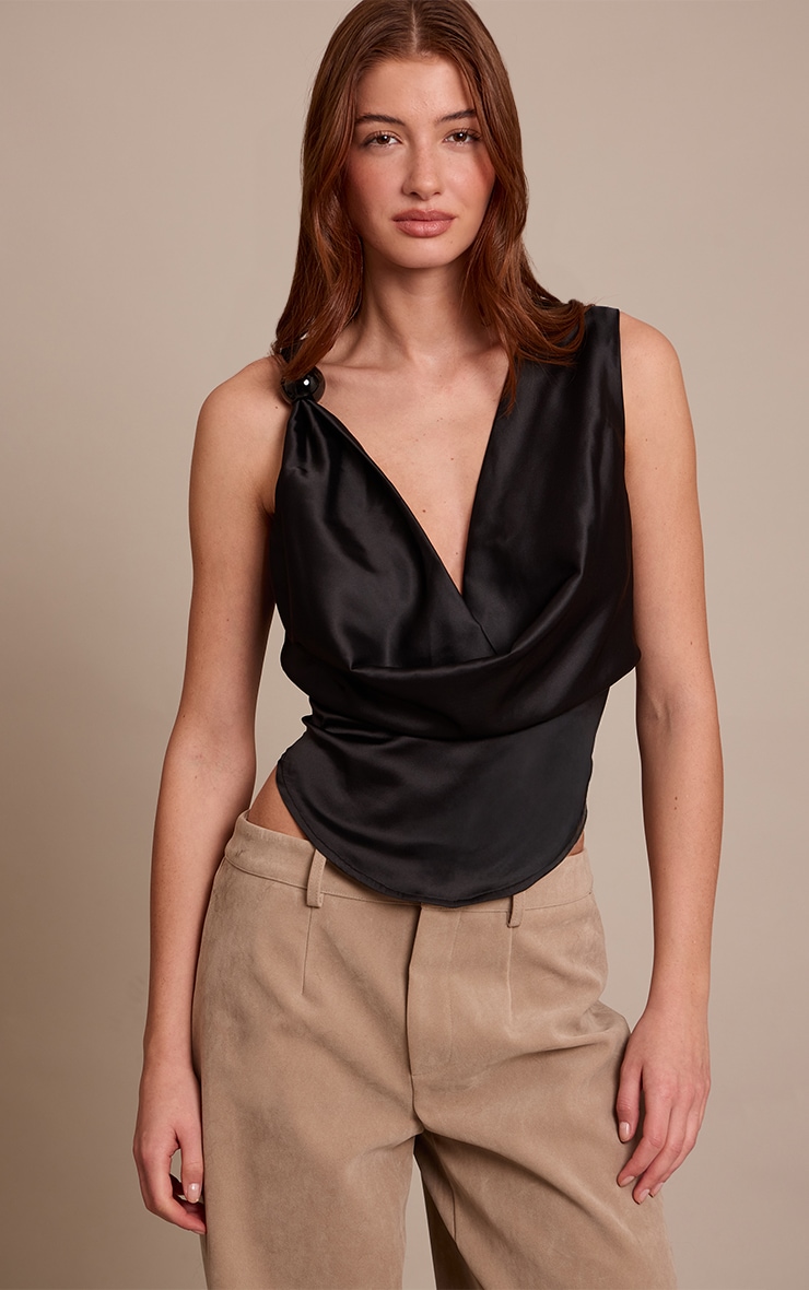 Black Satin Trim Detail Cowl Neck Top