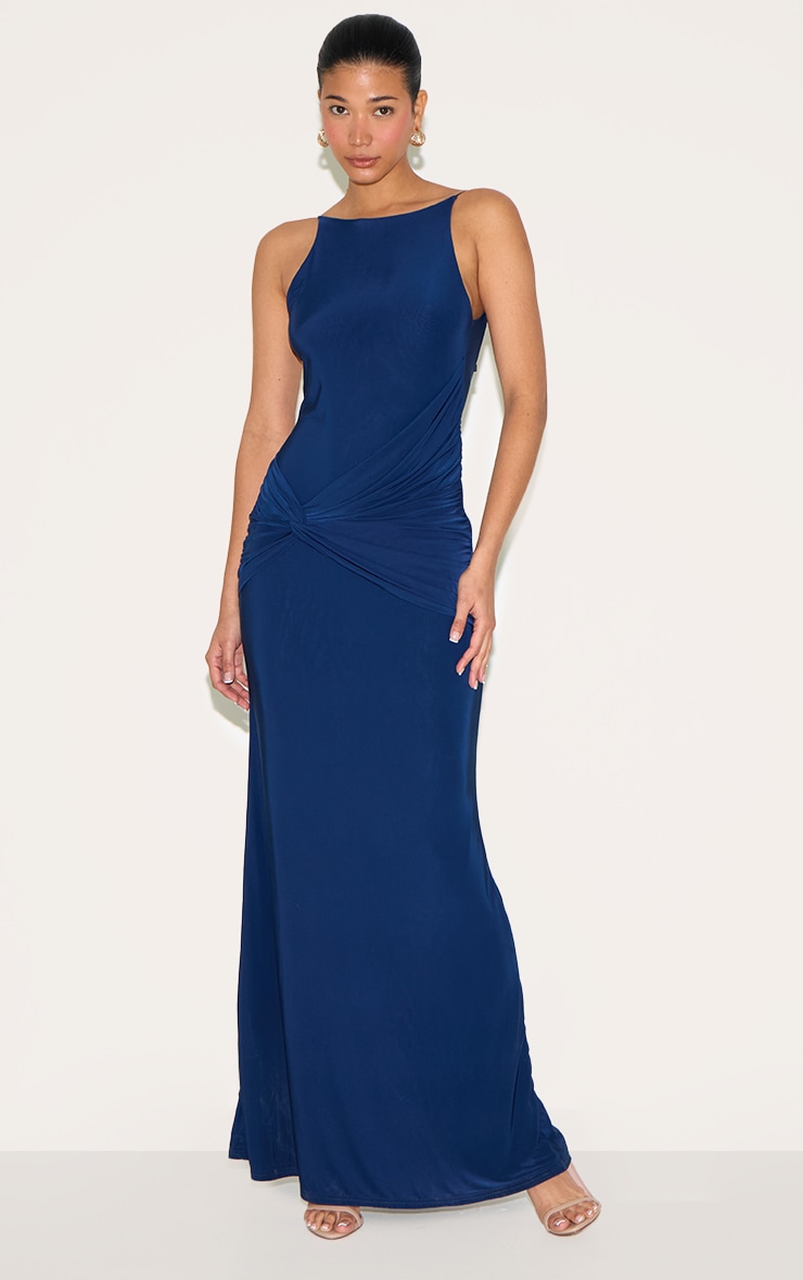 Navy Double Layer Slinky Twited Front Halter Neck Maxi Dress image 1