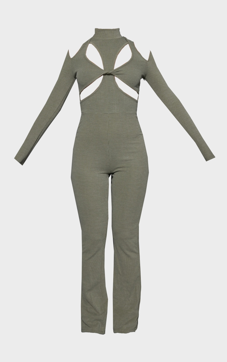 Khaki Textured Rib Twist Cut Out Jumpsuit PrettyLittleThing USA
