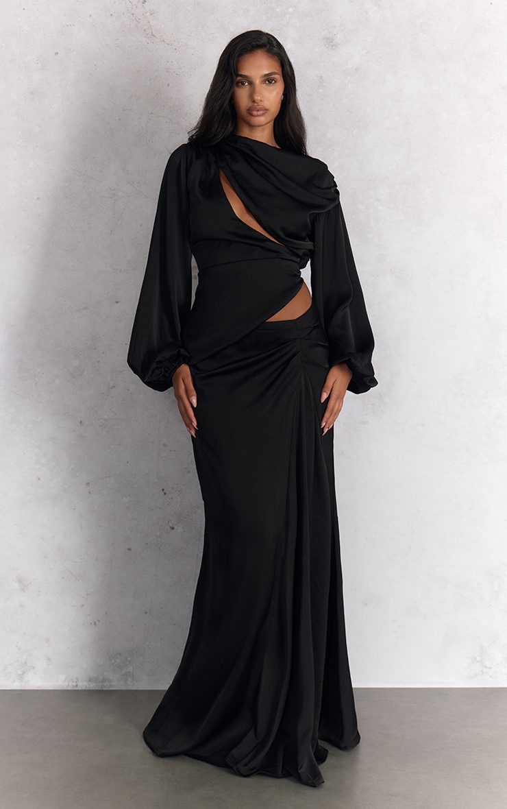 Black Satin Dipped Waist Maxi Skirt image 1