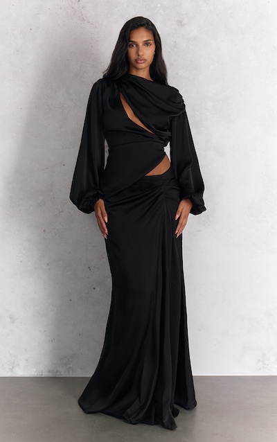 Black Satin Dipped Waist Maxi Skirt