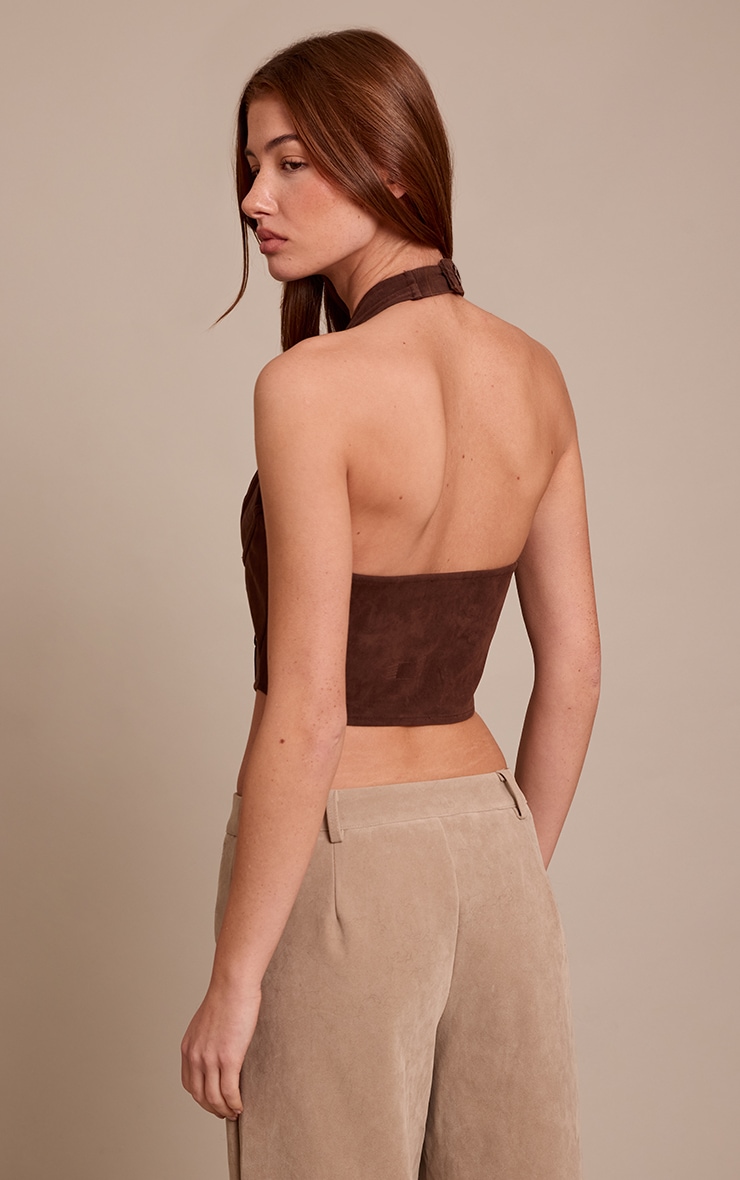 Dark Chocolate Faux Suede Lace Up Plunge Halterneck Top image 2