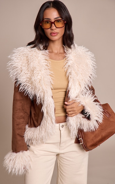 Petite Brown Faux Suede Fur Trim Afghan Coat