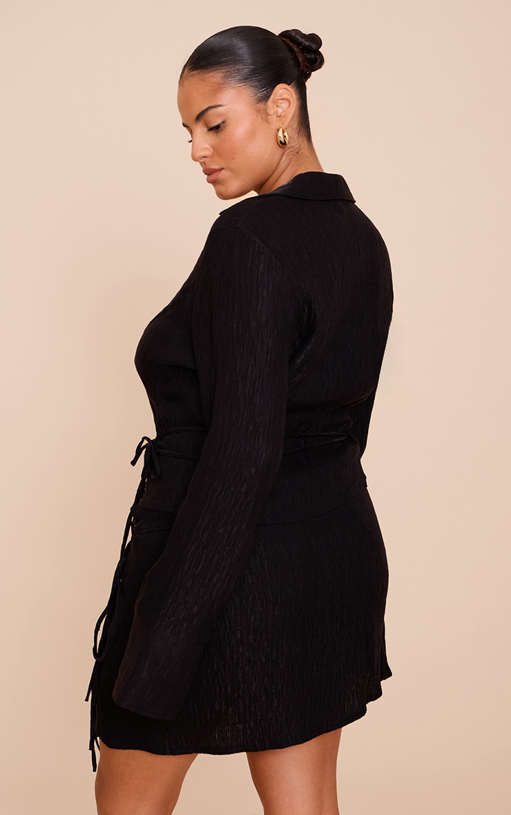 Plus Black Crinkle Textured Bead Detail Fitted Shirt image 2