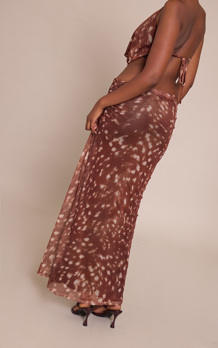 Brown Abstract Print Mesh Maxi Skirt image 3