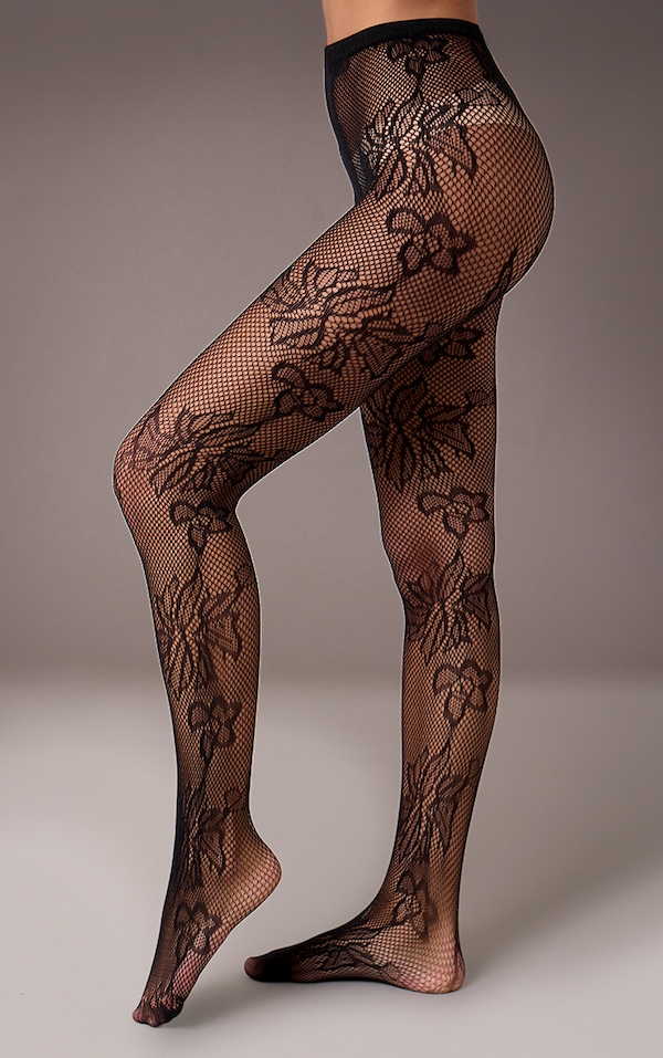Black Fishnet Floral Lace Tights