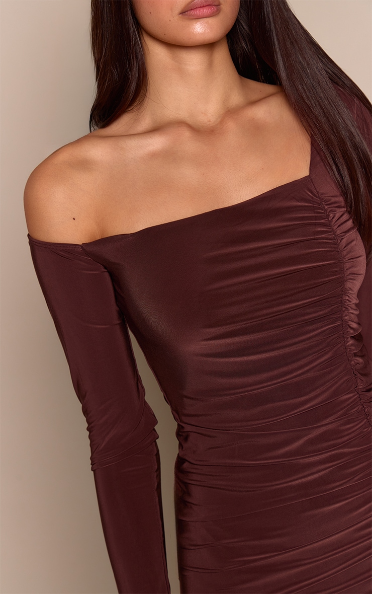 Chocolate Double Layer Slinky Asymmetric Ruched Long Sleeve Dress image 4