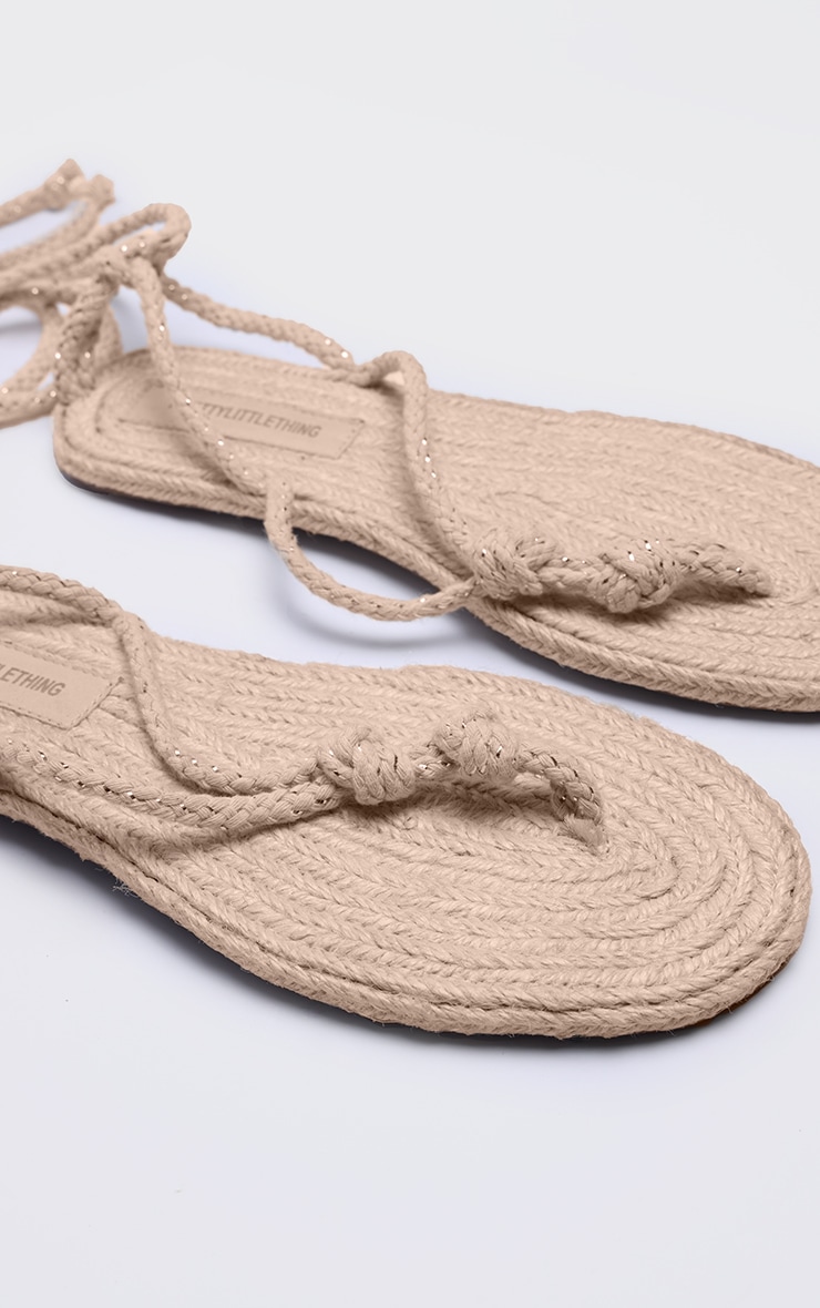 Cream Round Toe Rope Lace Up Thong Flat Sandals - Image 4