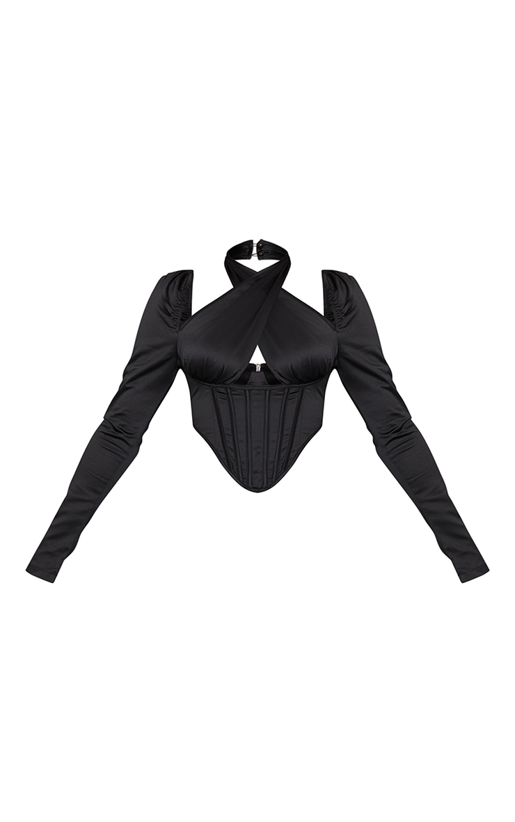 Black Satin Halterneck Underbust Long Sleeve Curved Hem Corset image 5