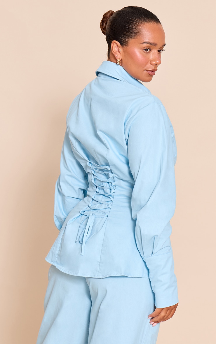 Shape blue Lace Up Cinched Back Button Front Shirt image 2