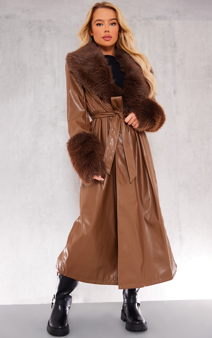 Taupe Premium Faux Fur Trim Faux Leather Belted Trench Coat image 3