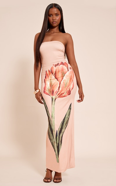 Stone Oversized Floral Print Bandeau Maxi Dress