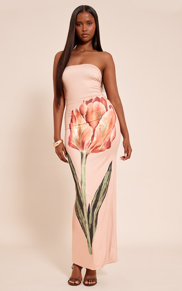 Stone Oversized Floral Print Bandeau Maxi Dress