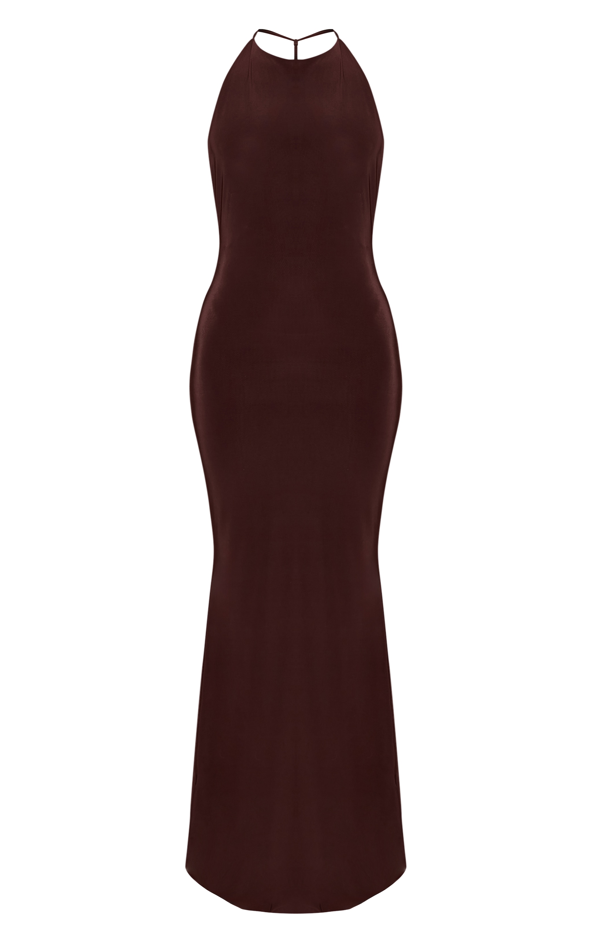 Petite Chocolate Slinky Low Cut Back Trim Detail Maxi Dress image 5