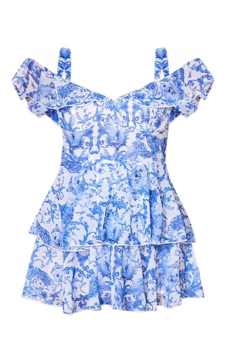  Petite Blue Chiffon Print Frilled Mini Dress image 4