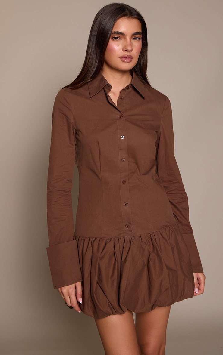 Deep Chocolate Button Down Puffball Detail Shirt Dress image 1