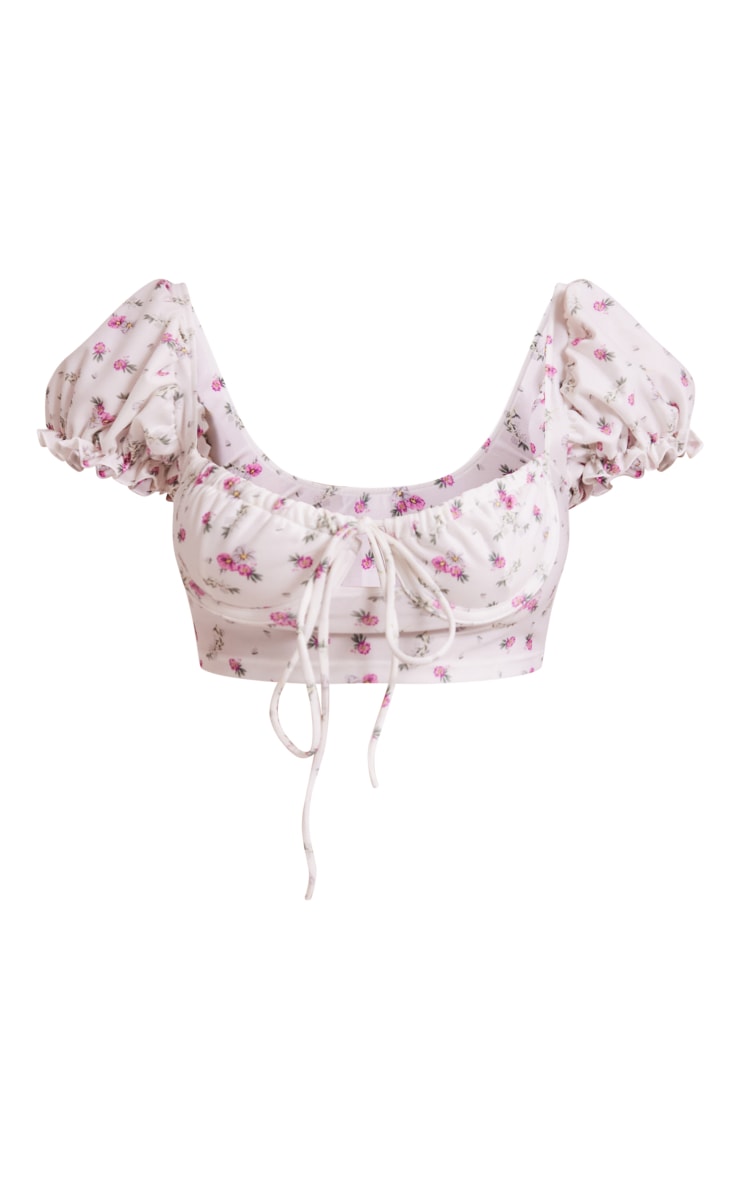 White Ditsy Floral Frill Sleeve Bikini Top image 5