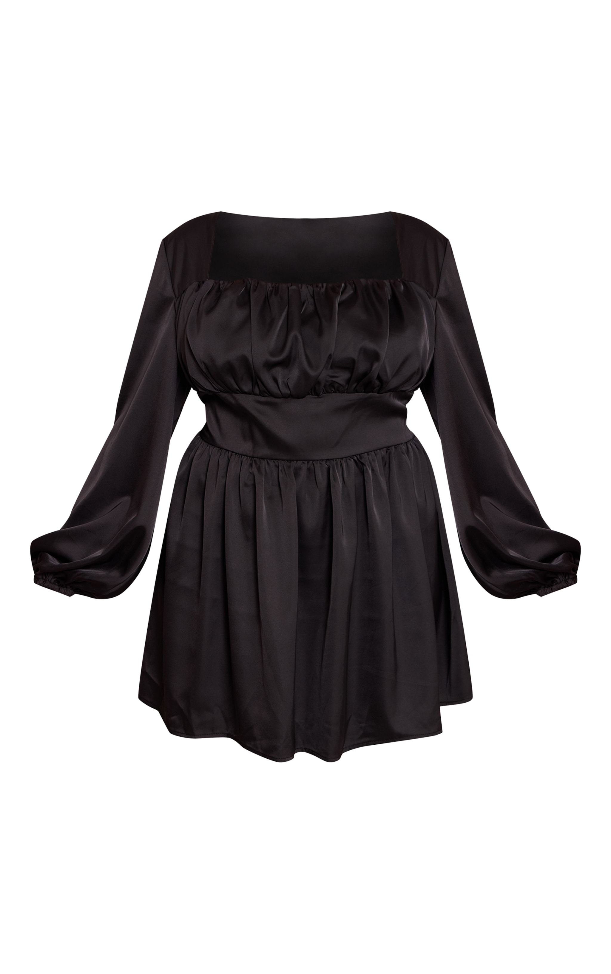 Plus Black Satin Ruched Cup Puff Sleeve Mini Dress image 5