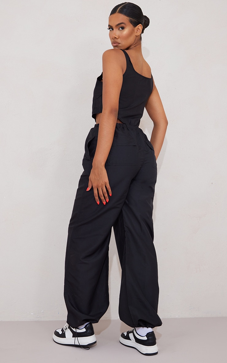 Black Square Neck Zip Front Toggle Hem Utility Jumpsuit image 2