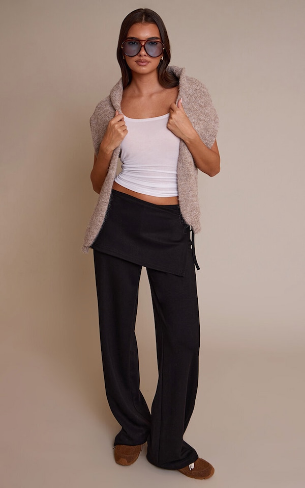 Black Premium Soft Touch Wrap Front Wide Leg Pant 