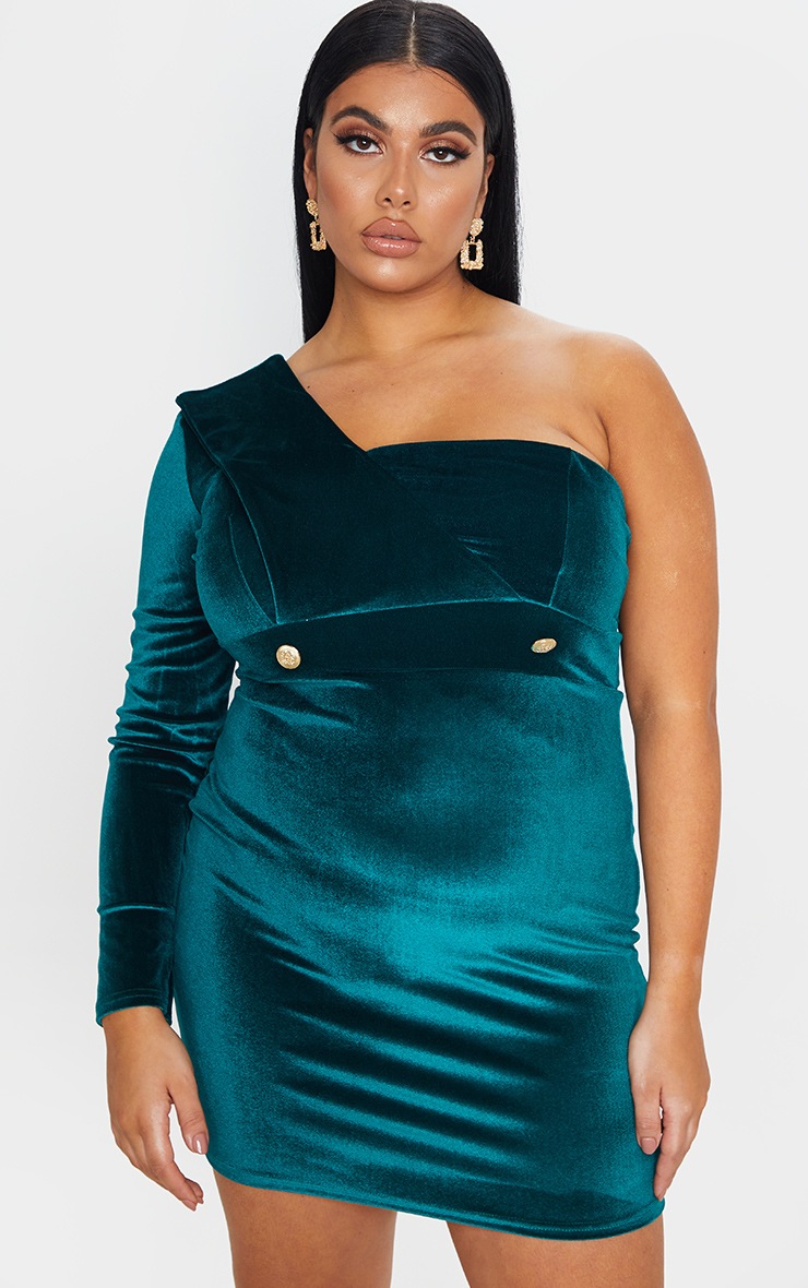 Plus Emerald Green Velvet One Shoulder Blazer Dress