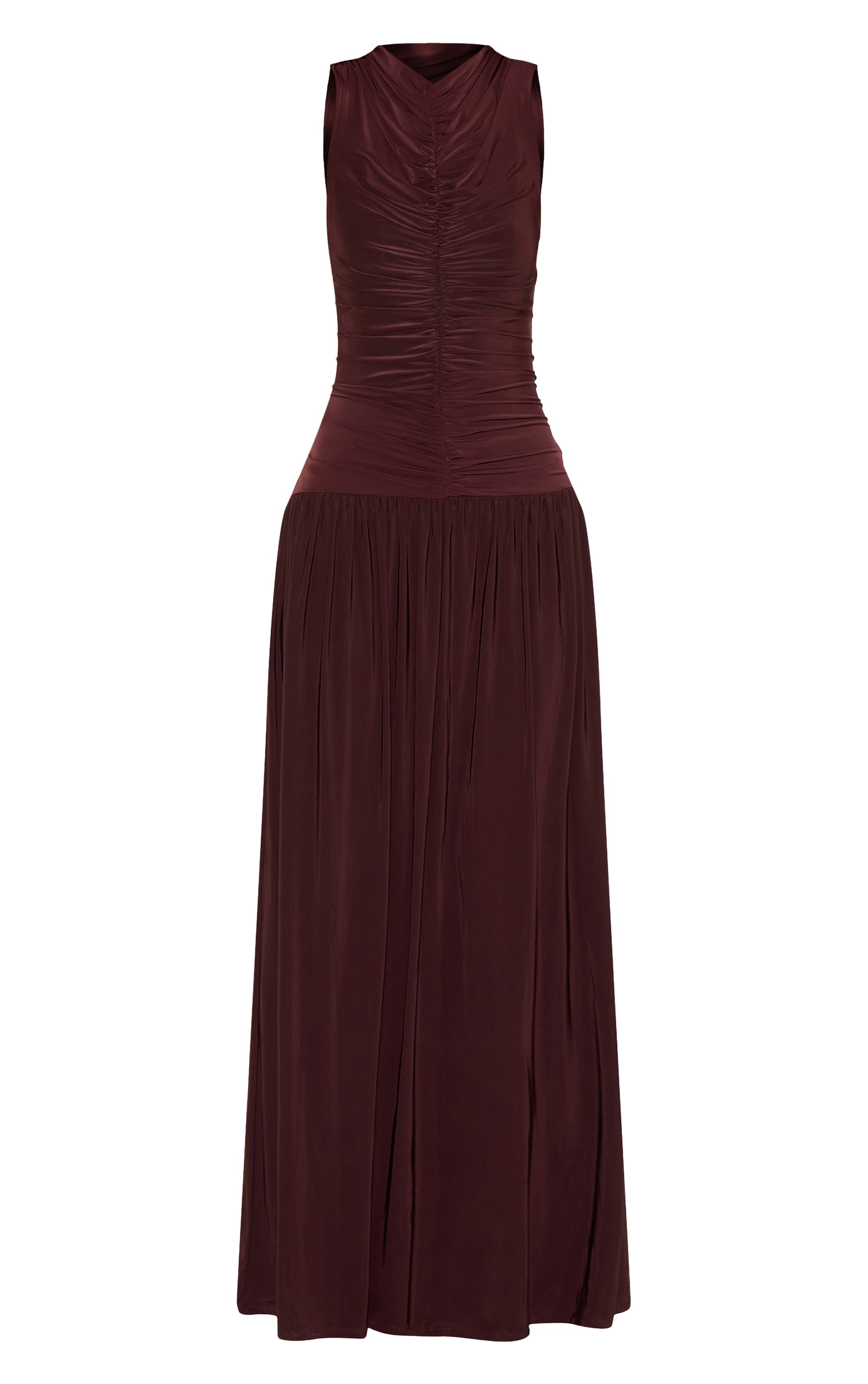 Chocolate Double Layer Soft Touch Drop Waist Ruched Maxi Dress image 5