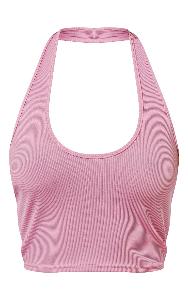 Pink Rib Scoop Neck Halter Top Tops PrettyLittleThing
