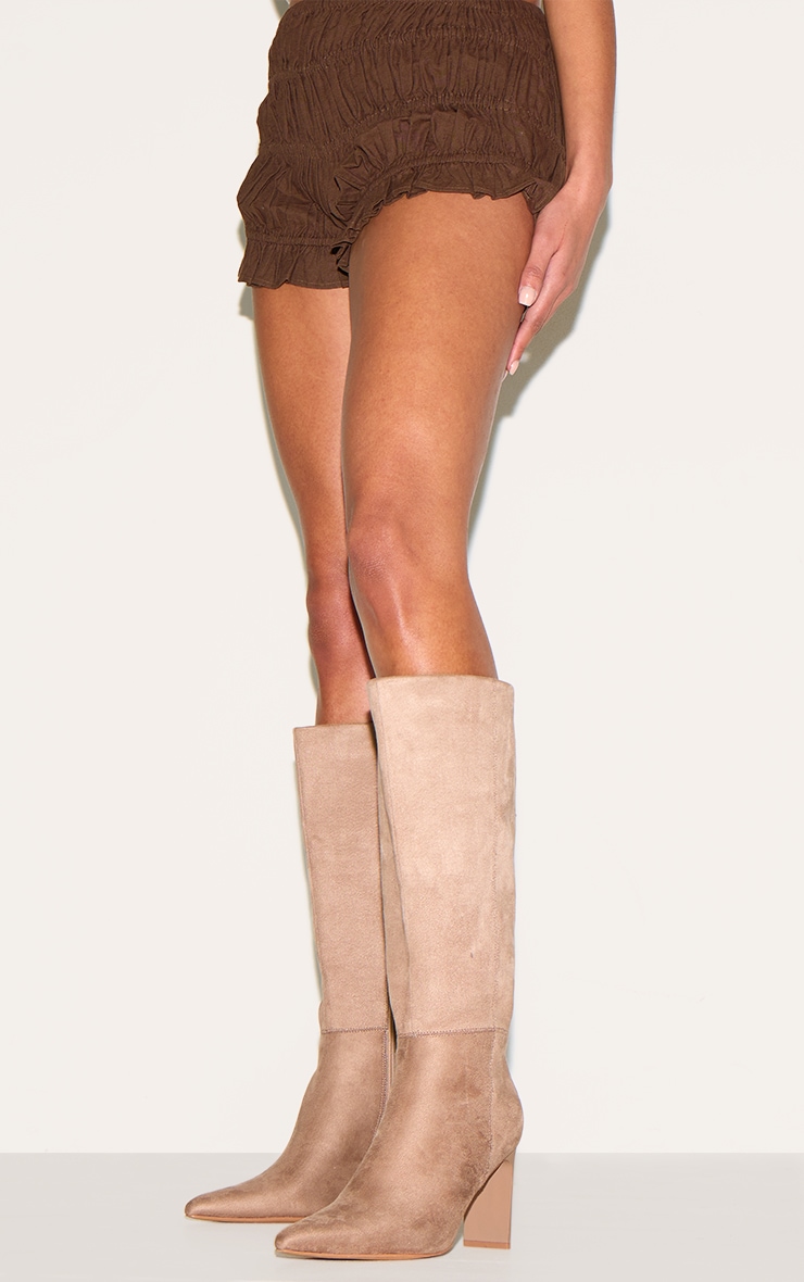 Mushroom Faux Suede Point Toe Thin Block High Heel Knee High Boots image 5