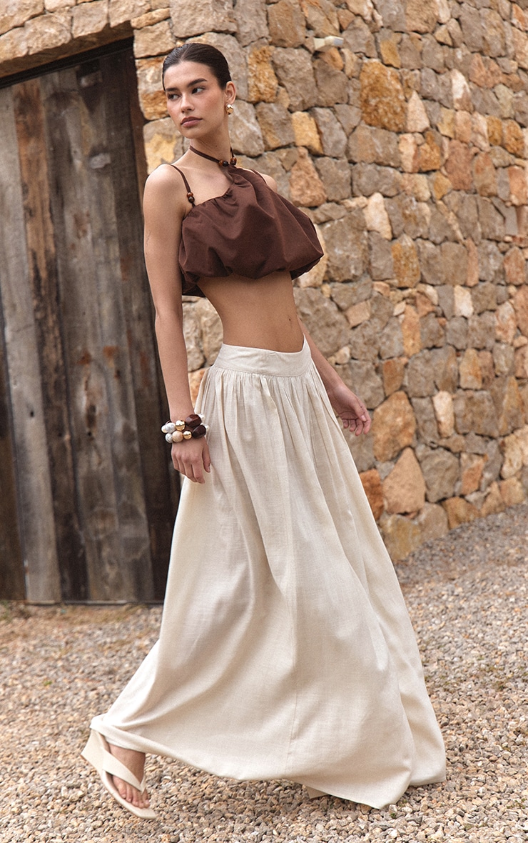 Beige Pleated Linen Look Maxi Skirt image 1