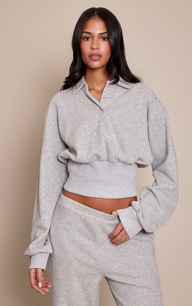 Tall Grey Marl Brushed Rib Cinched Waist Balloon Sleeve Polo Top image 1