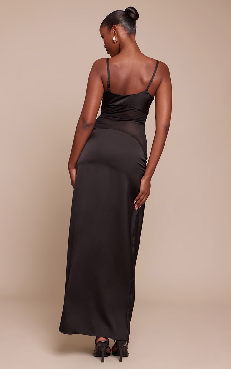 Black Satin Scoop Neck Mesh Detail Maxi Dress image 2