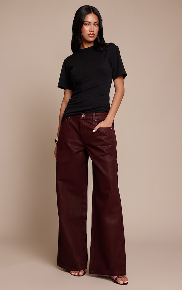 Burgundy Coated Effect Wide Leg Jean
