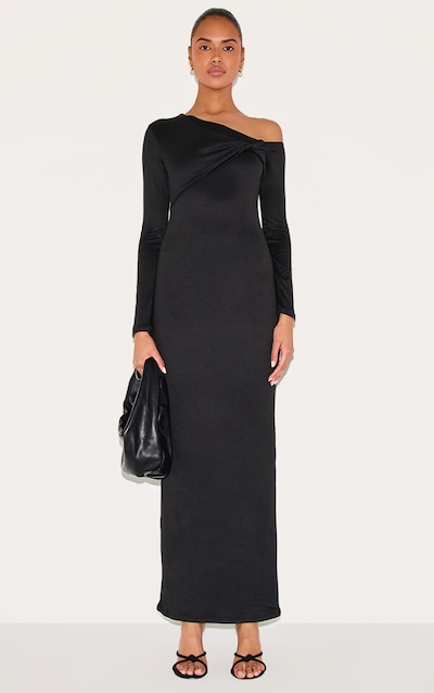 Black Double Contour Twist Detail Long Sleeve Maxi Dress