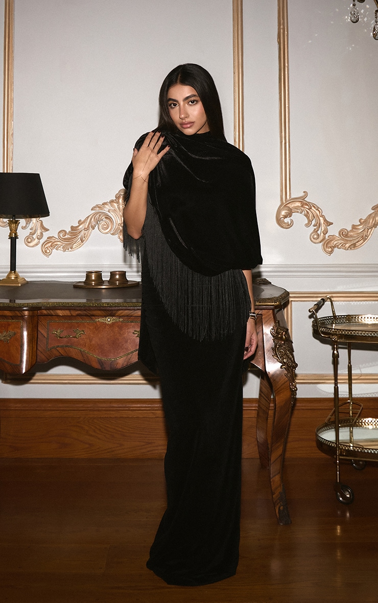 Black Velvet Extreme High Neck Ruched Maxi Dress image 1