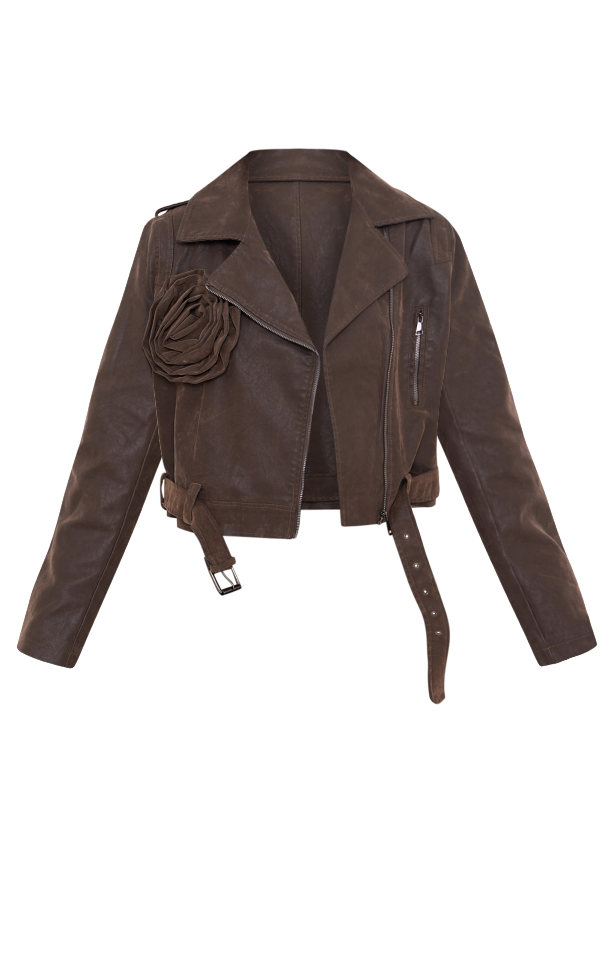 Brown Soft Faux Leather Flower Detail Crop Jacket image 5