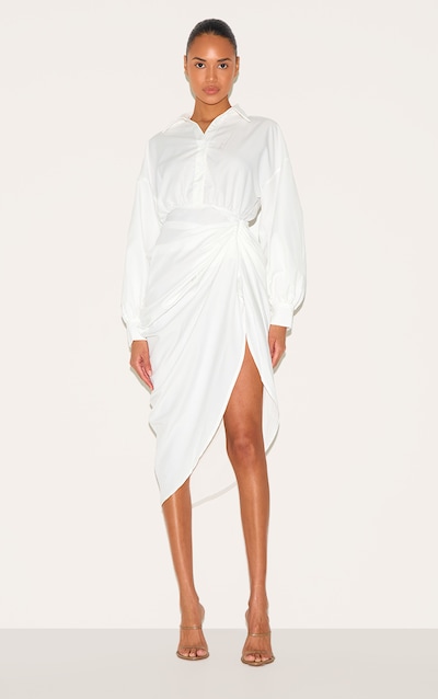 White Balloon Sleeve Gathered Skirt Midi Shirt Dress