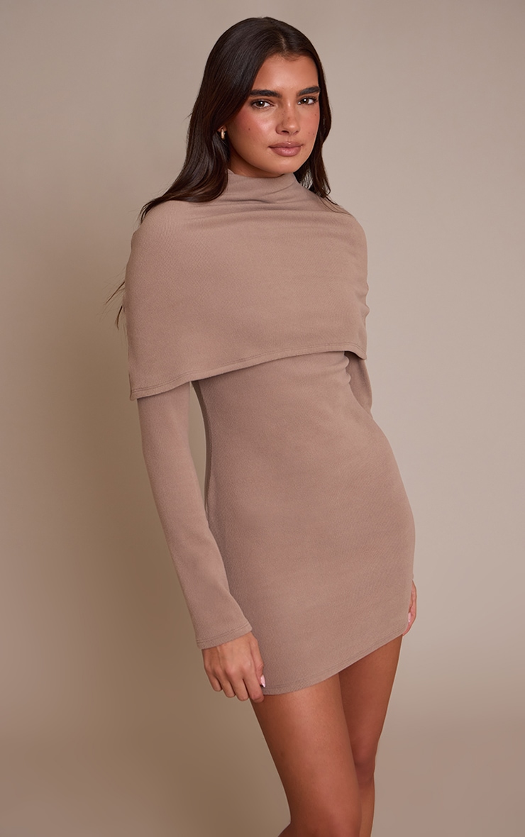 Taupe Ribbed Overlay Long Sleeve Bodycon Dress