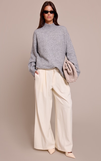 Pull oversize en maille tricot gris clair chiné à col polo