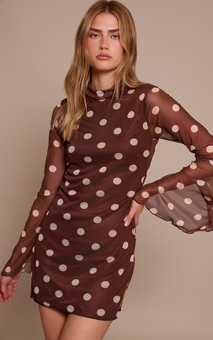 Brown Polka Dot Print High Neck Flared Sleeve Shift Dress