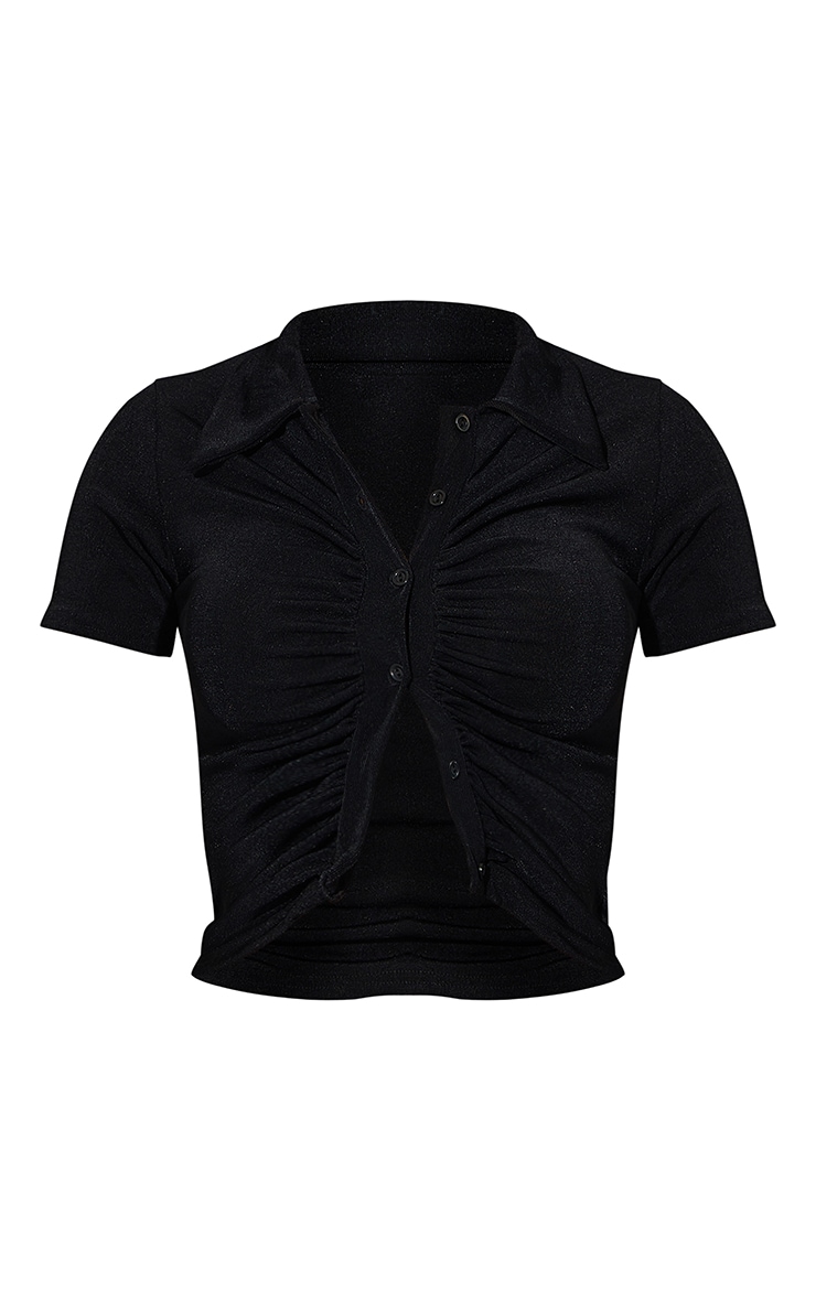 Black Acetate Slinky Ruched Front Short Sleeve Shirt image 6