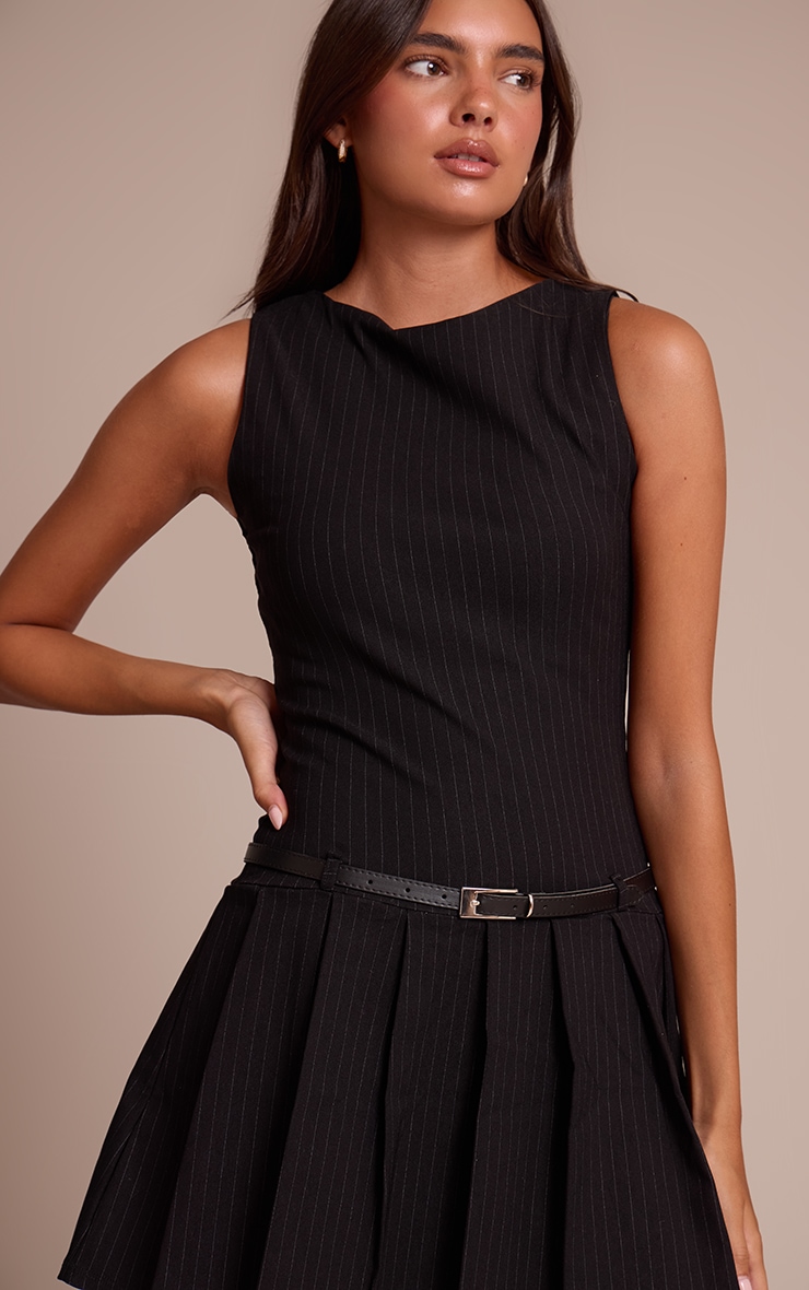 Black Stretch Woven Boat Neck Belted Shift Dress image 4