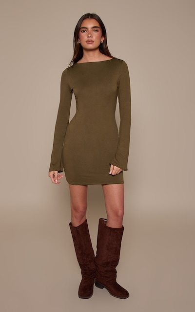 Dark Khaki Soft Touch Jersey Long Sleeve Bodycon Dress