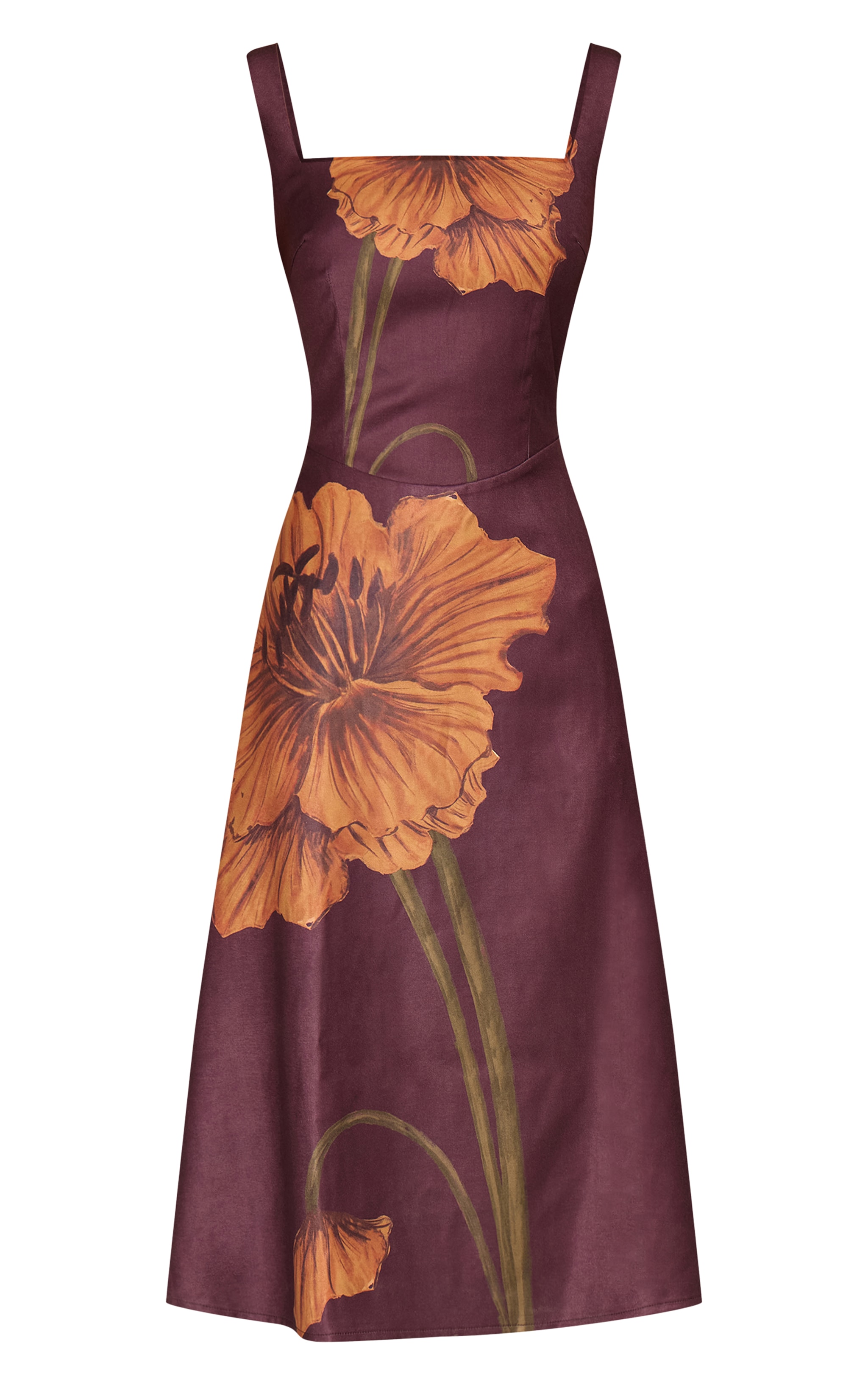 Robe mi-longue chocolat foncé fleurie à col carré image 5