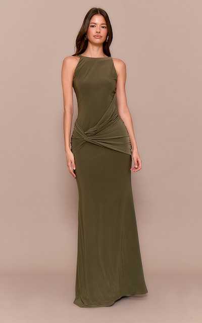 Robe longue kaki double épaisseur stretch avec col halter torsadé sur le devant