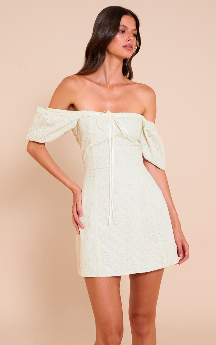 Cream Broderie Puff Sleeve A-line Mini Dress image 1