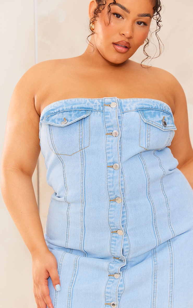 Plus Light Blue Wash Corset Button Up Bodycon Dress