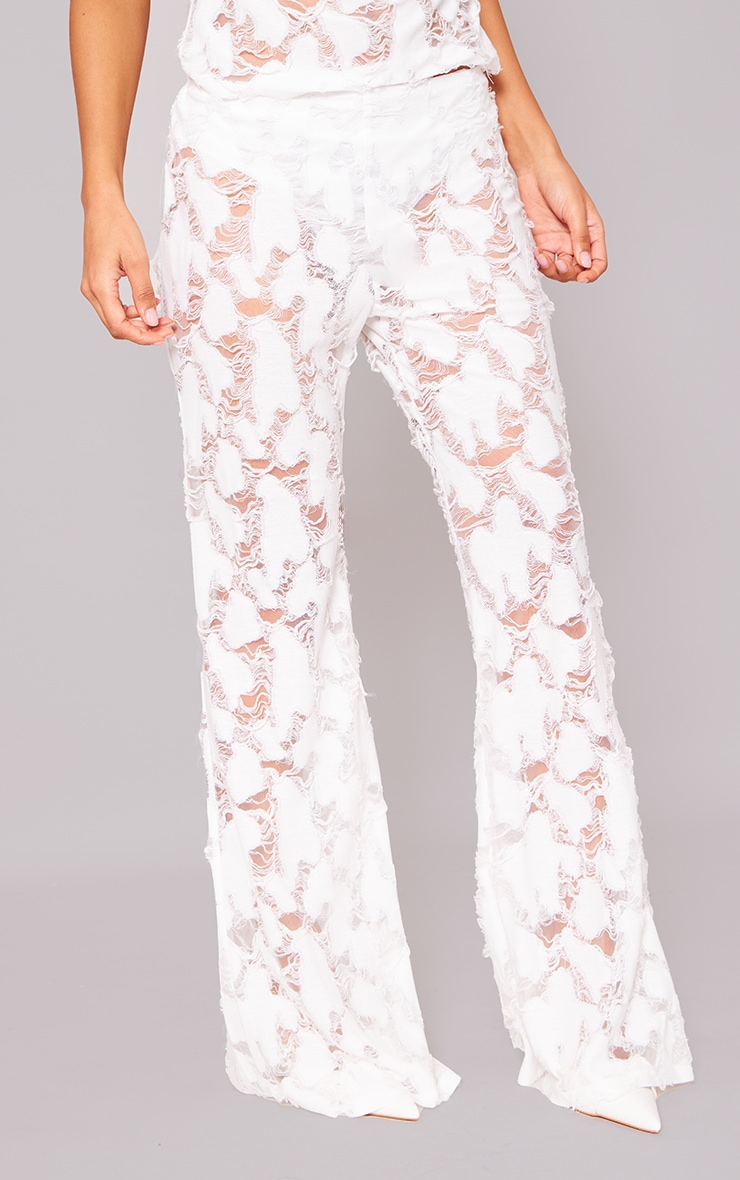 White Woven Distressed Low Rise Wide Leg Trousers image 2