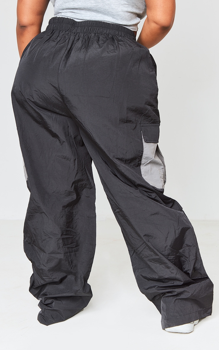 Plus Black Contrast Panel Parachute Pants image 2