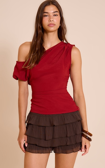 Deep Red Floaty Woven Ruched One Shoulder Top